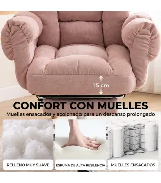 Silla de Oficina Ergonómica con Reposapiés Reposabrazos y Respaldo Alto Abatibles Reclinable 135° Altura Ajustable Rosa
