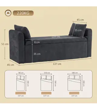 Banco de Almacenaje de Chenilla con Reposabrazos y Cojines Tapa Hidráulica Carga 220 kg 137x45x51 cm, Gris Oscuro