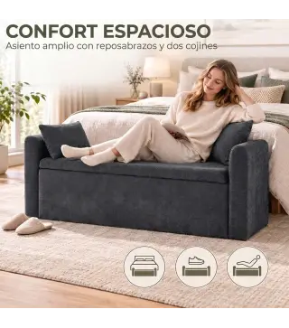 Banco de Almacenaje de Chenilla con Reposabrazos y Cojines Tapa Hidráulica Carga 220 kg 137x45x51 cm, Gris Oscuro
