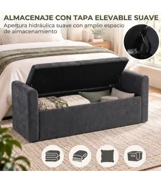 Banco de Almacenaje de Chenilla con Reposabrazos y Cojines Tapa Hidráulica Carga 220 kg 137x45x51 cm, Gris Oscuro