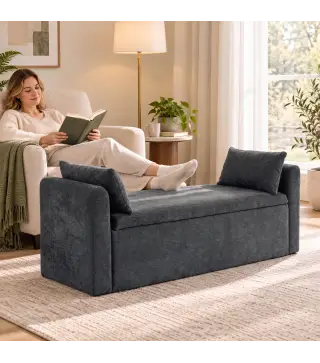 Banco de Almacenaje de Chenilla con Reposabrazos y Cojines Tapa Hidráulica Carga 220 kg 137x45x51 cm, Gris Oscuro