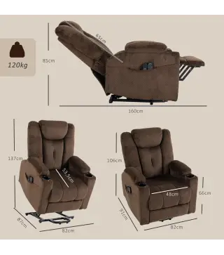 Sillón Relax Reclinable Eléctrico Levanta Personas Mayores con Masaje Calor Portavasos Mando Bolsillos Marrón Oscuro
