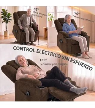 Sillón Relax Reclinable Eléctrico Levanta Personas Mayores con Masaje Calor Portavasos Mando Bolsillos Marrón Oscuro