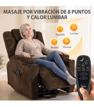 Sillón Relax Reclinable Eléctrico Levanta Personas Mayores con Masaje Calor Portavasos Mando Bolsillos Marrón Oscuro