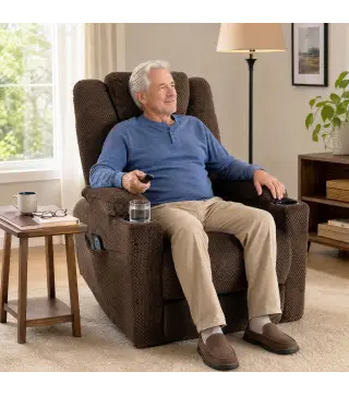 Sillón Relax Reclinable Eléctrico Levanta Personas Mayores con Masaje Calor Portavasos Mando Bolsillos Marrón Oscuro