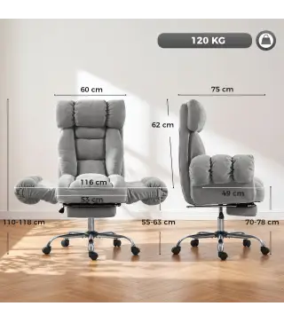 Silla de Oficina Ergonómica con Reposapiés Reposabrazos y Respaldo Alto Abatibles Reclinable 135° Altura Ajustable Gris
