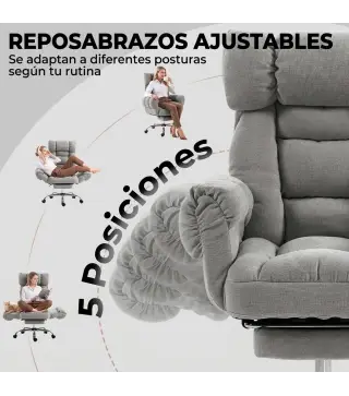 Silla de Oficina Ergonómica con Reposapiés Reposabrazos y Respaldo Alto Abatibles Reclinable 135° Altura Ajustable Gris