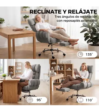 Silla de Oficina Ergonómica con Reposapiés Reposabrazos y Respaldo Alto Abatibles Reclinable 135° Altura Ajustable Gris