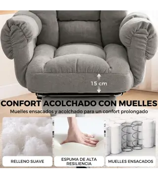 Silla de Oficina Ergonómica con Reposapiés Reposabrazos y Respaldo Alto Abatibles Reclinable 135° Altura Ajustable Gris