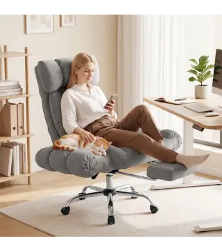 Silla de Oficina Ergonómica con Reposapiés Reposabrazos y Respaldo Alto Abatibles Reclinable 135° Altura Ajustable Gris