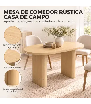 Mesa de Comedor Ovalada Rústica para 4 Personas Tablero Grueso y Patas de Pedestal Tipo Tambor 120x60x76 cm Roble