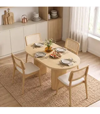 Mesa de Comedor Ovalada Rústica para 4 Personas Tablero Grueso y Patas de Pedestal Tipo Tambor 120x60x76 cm Roble