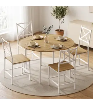Conjunto de Comedor con Mesa Plegable y 4 Sillas Apilables para 4 Personas Roble y Blanco