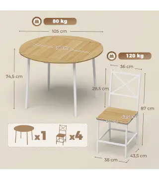 Conjunto de Comedor con Mesa Plegable y 4 Sillas Apilables para 4 Personas Roble y Blanco