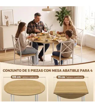 Conjunto de Comedor con Mesa Plegable y 4 Sillas Apilables para 4 Personas Roble y Blanco