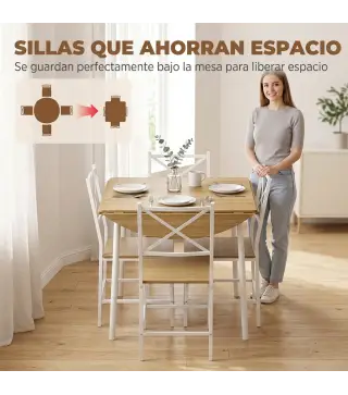 Conjunto de Comedor con Mesa Plegable y 4 Sillas Apilables para 4 Personas Roble y Blanco