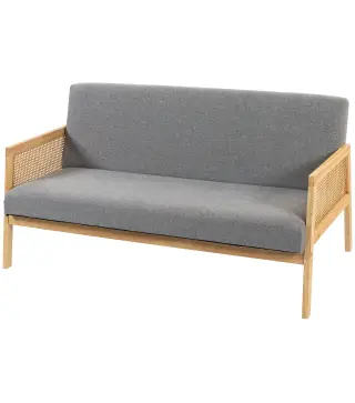 Sofá de 3 Plazas Tapizado en Lino con Detalles Ratán Sintético Estructura de Madera Carga 330 kg 149x77x77 cm Gris