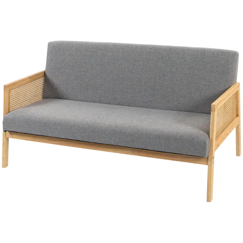 Sofá de 3 Plazas Tapizado en Lino con Detalles Ratán Sintético Estructura de Madera Carga 330 kg 149x77x77 cm Gris Sofá de 3 Plazas Tapizado en Lino con Detalles Ratán Sintético Estructura de Madera Carga 330 kg 149x77x77 cm Gris