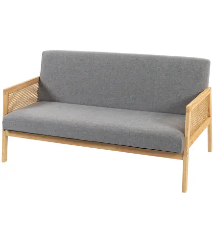 Sofá de 3 Plazas Tapizado en Lino con Detalles Ratán Sintético Estructura de Madera Carga 330 kg 149x77x77 cm Gris