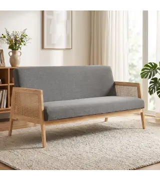 Sofá de 3 Plazas Tapizado en Lino con Detalles Ratán Sintético Estructura de Madera Carga 330 kg 149x77x77 cm Gris