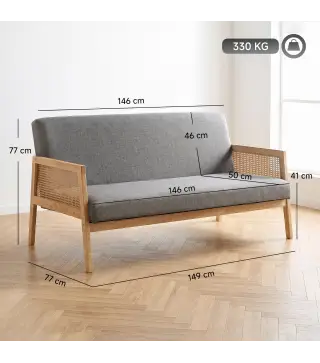 Sofá de 3 Plazas Tapizado en Lino con Detalles Ratán Sintético Estructura de Madera Carga 330 kg 149x77x77 cm Gris