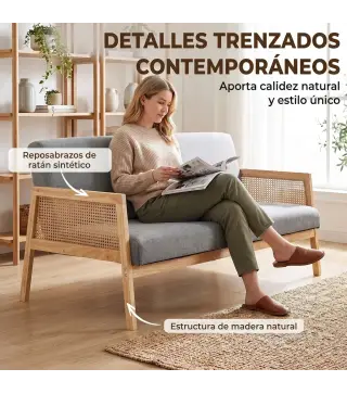 Sofá de 3 Plazas Tapizado en Lino con Detalles Ratán Sintético Estructura de Madera Carga 330 kg 149x77x77 cm Gris