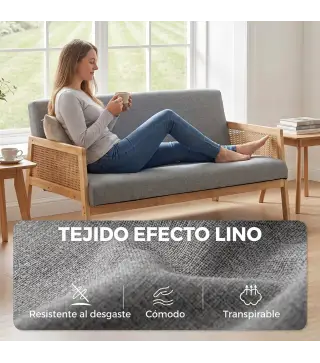 Sofá de 3 Plazas Tapizado en Lino con Detalles Ratán Sintético Estructura de Madera Carga 330 kg 149x77x77 cm Gris