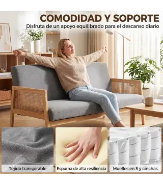 Sofá de 3 Plazas Tapizado en Lino con Detalles Ratán Sintético Estructura de Madera Carga 330 kg 149x77x77 cm Gris