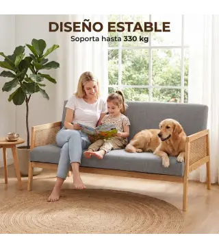 Sofá de 3 Plazas Tapizado en Lino con Detalles Ratán Sintético Estructura de Madera Carga 330 kg 149x77x77 cm Gris