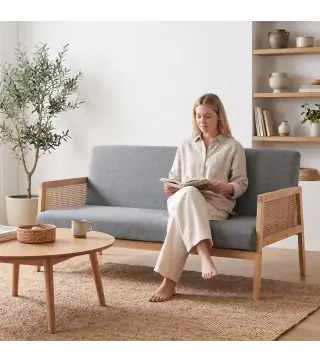 Sofá de 3 Plazas Tapizado en Lino con Detalles Ratán Sintético Estructura de Madera Carga 330 kg 149x77x77 cm Gris