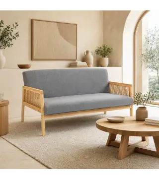 Sofá de 3 Plazas Tapizado en Lino con Detalles Ratán Sintético Estructura de Madera Carga 330 kg 149x77x77 cm Gris