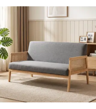 Sofá de 3 Plazas Tapizado en Lino con Detalles Ratán Sintético Estructura de Madera Carga 330 kg 149x77x77 cm Gris