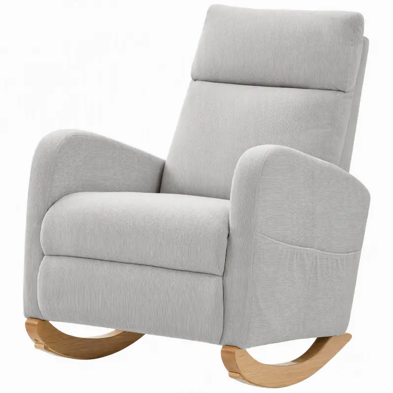 Silla Mecedora de Pana con Respaldo Alto Patas de Madera Bolsillos Reposabrazos Estilo Moderno Gris Claro Silla Mecedora de Pana con Respaldo Alto Patas de Madera Bolsillos Reposabrazos Estilo Moderno Gris Claro