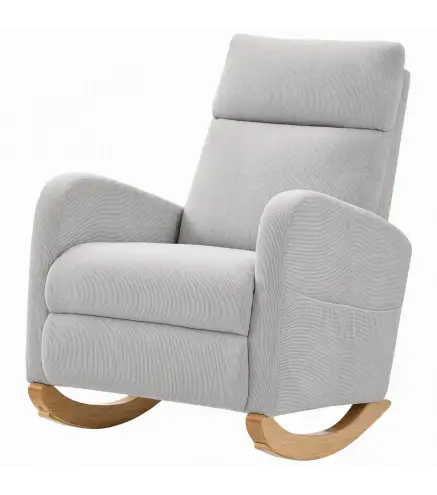 Silla Mecedora de Pana con Respaldo Alto Patas de Madera Bolsillos Reposabrazos Estilo Moderno Gris Claro