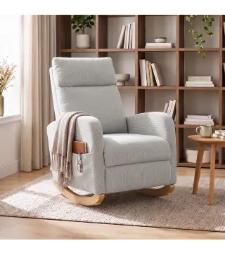 Silla Mecedora de Pana con Respaldo Alto Patas de Madera Bolsillos Reposabrazos Estilo Moderno Gris Claro