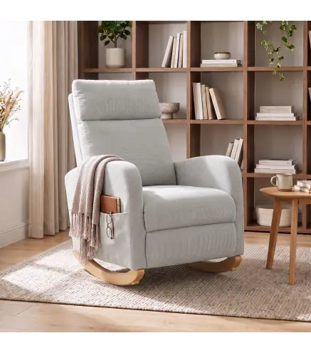 Silla Mecedora de Pana con Respaldo Alto Patas de Madera Bolsillos Reposabrazos Estilo Moderno Gris Claro