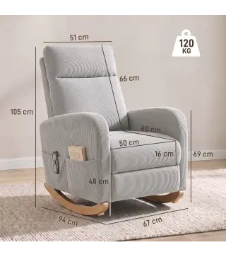Silla Mecedora de Pana con Respaldo Alto Patas de Madera Bolsillos Reposabrazos Estilo Moderno Gris Claro