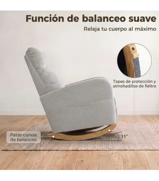 Silla Mecedora de Pana con Respaldo Alto Patas de Madera Bolsillos Reposabrazos Estilo Moderno Gris Claro