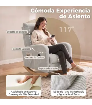 Silla Mecedora de Pana con Respaldo Alto Patas de Madera Bolsillos Reposabrazos Estilo Moderno Gris Claro