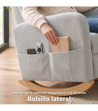 Silla Mecedora de Pana con Respaldo Alto Patas de Madera Bolsillos Reposabrazos Estilo Moderno Gris Claro