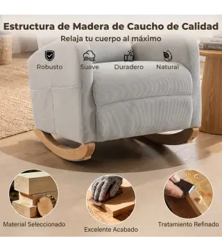 Silla Mecedora de Pana con Respaldo Alto Patas de Madera Bolsillos Reposabrazos Estilo Moderno Gris Claro