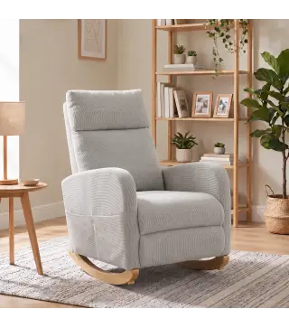 Silla Mecedora de Pana con Respaldo Alto Patas de Madera Bolsillos Reposabrazos Estilo Moderno Gris Claro
