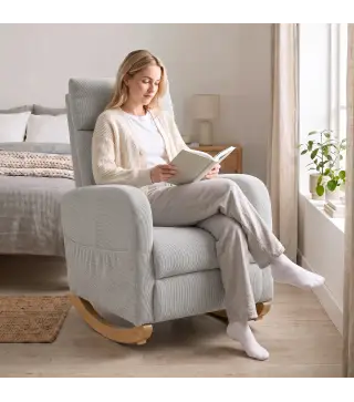 Silla Mecedora de Pana con Respaldo Alto Patas de Madera Bolsillos Reposabrazos Estilo Moderno Gris Claro