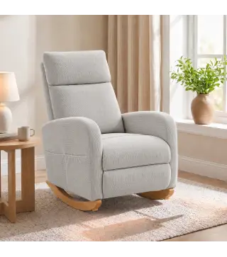 Silla Mecedora de Pana con Respaldo Alto Patas de Madera Bolsillos Reposabrazos Estilo Moderno Gris Claro