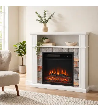 Chimenea Eléctrica Decorativa 1800W con Repisa Efecto Llama 5 Brillos Termostato Temporizador Mando Blanco