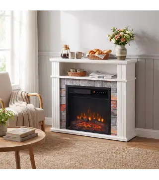 Chimenea Eléctrica Decorativa 1800W con Repisa Efecto Llama 5 Brillos Termostato Temporizador Mando Blanco
