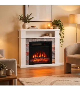 Chimenea Eléctrica Decorativa 1800W con Repisa Efecto Llama 5 Brillos Termostato Temporizador Mando Blanco