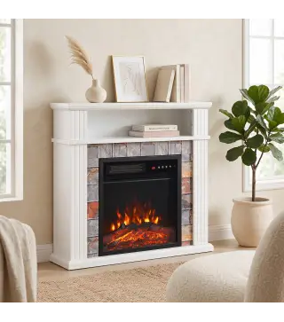 Chimenea Eléctrica Decorativa 1800W con Repisa Efecto Llama 5 Brillos Termostato Temporizador Mando Blanco