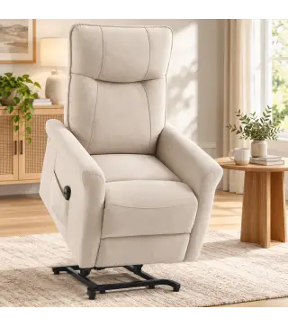 Sillón Relax Reclinable Eléctrico Levanta Personas 155° de Chenilla con Mando Asiento de Muelles Reposapiés Crema