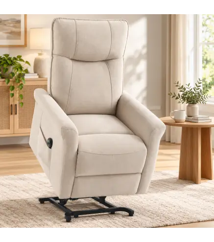 Sillón Relax Reclinable Eléctrico Levanta Personas 155° de Chenilla con Mando Asiento de Muelles Reposapiés Crema